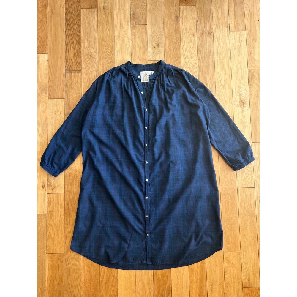 Ichi Antiquites Long Sleeve Shirt Dress Button Front Plaid Navy Blue Free Size